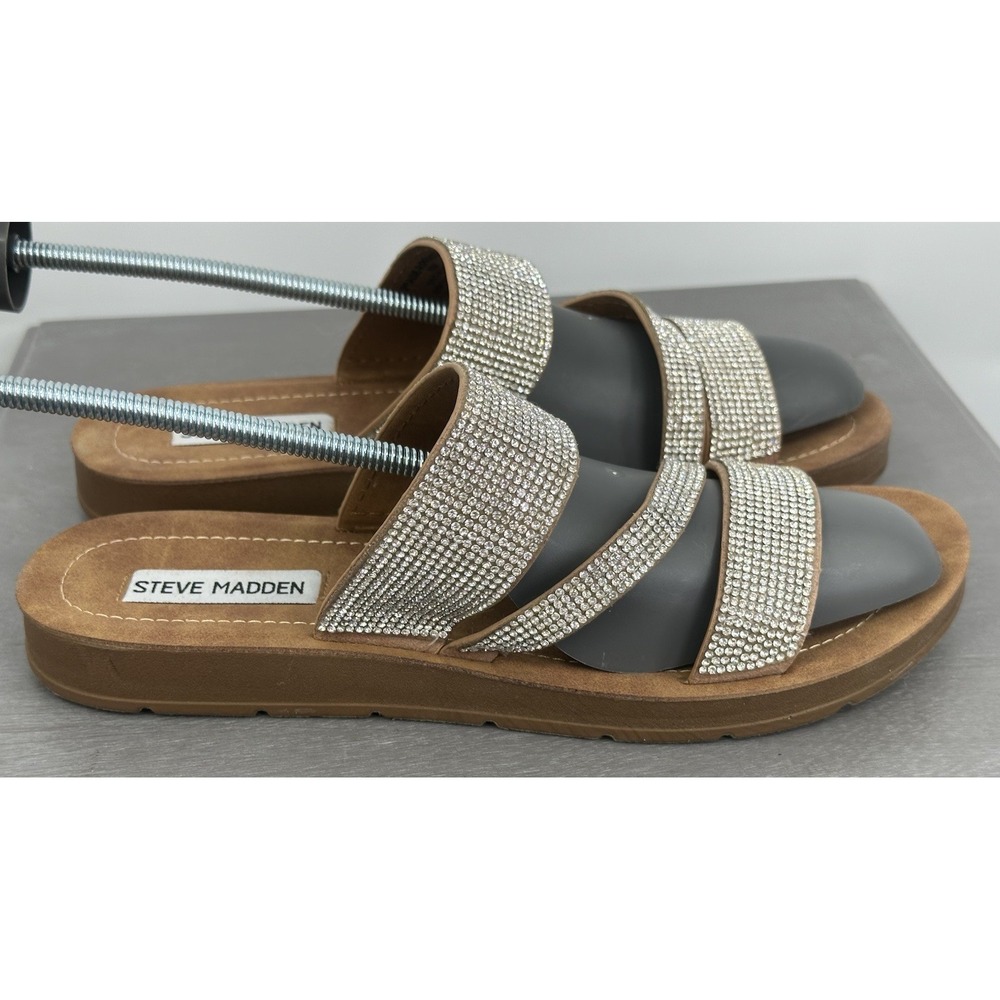 Steve Madden Slip-On 3-Band Sandals Rhinestone & Silver Studded LOOMI Women's 8